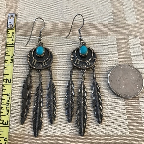 Vintage Sterling Turquoise Feather Earrings - Picture 2 of 5
